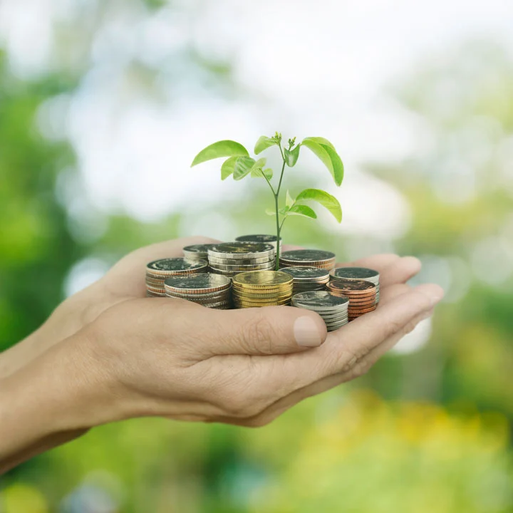A human hand outstretched from offside-left against a bright, fresh blue and green background, holding a pile of coins with a small plant sprouting out of them