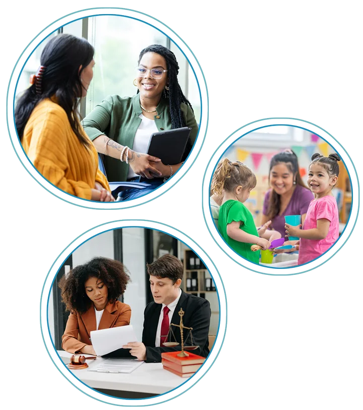 collage photo depicting three circles, each with a photo inside;  one is a young black woman with glasses speaking to another woman as if counseling her; one is a young adult Asian woman kindergarten teacher surrounded by three young children; one is a young adult male attorney consulting with a black woman over some paperwork