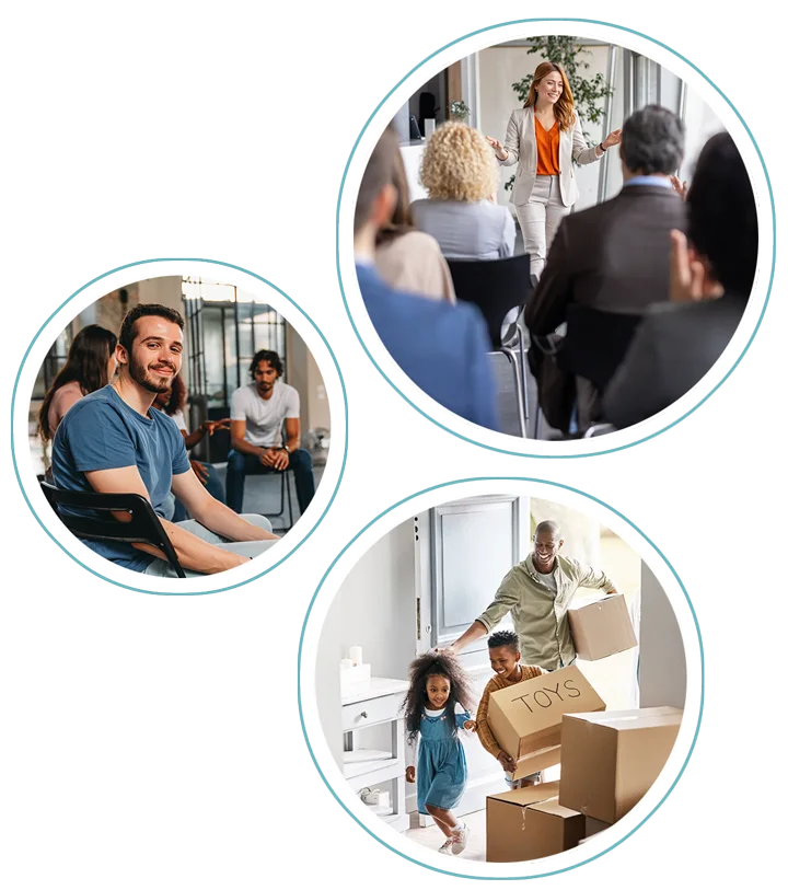 collage photo depicting three circles, each with a photo inside;  one is a female professional standing in front of a small audience giving a training, another is a young adult black father smiling as he and his two children move boxes into their new home, and one is a young white male looking pleasant while sitting in support group setting