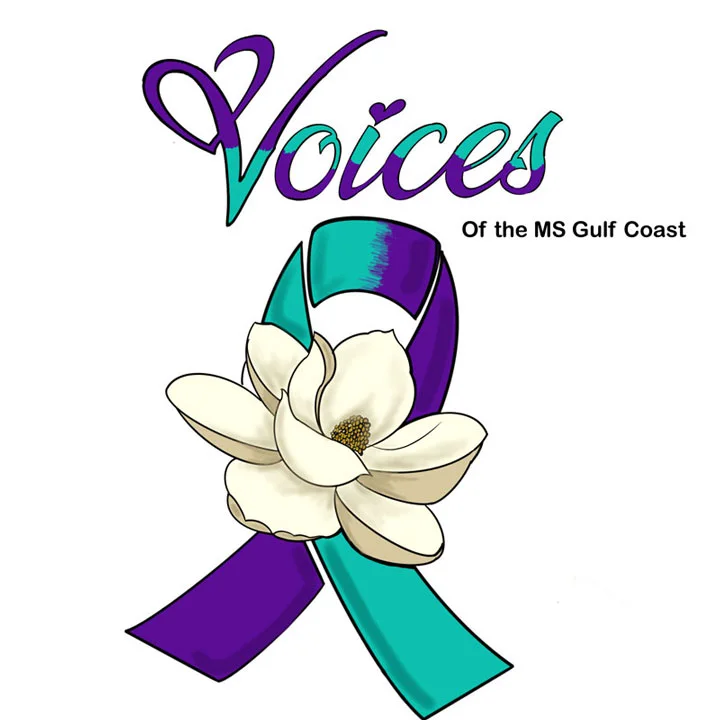 Voices logo showing a magnolia in front of a teal and purple awareness ribbon