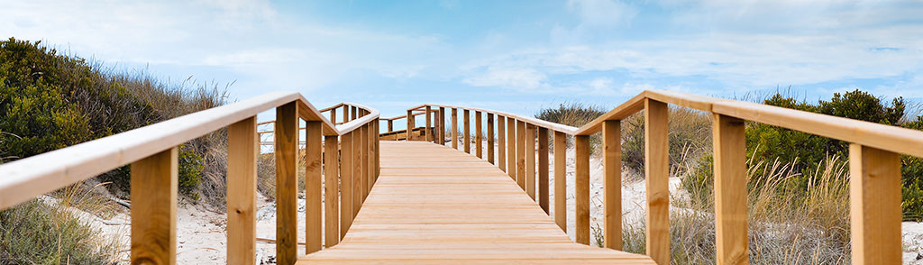 A wooden elevated boardwalk stretches into the distance on a sandy beach between grassy dunes on a sunny day